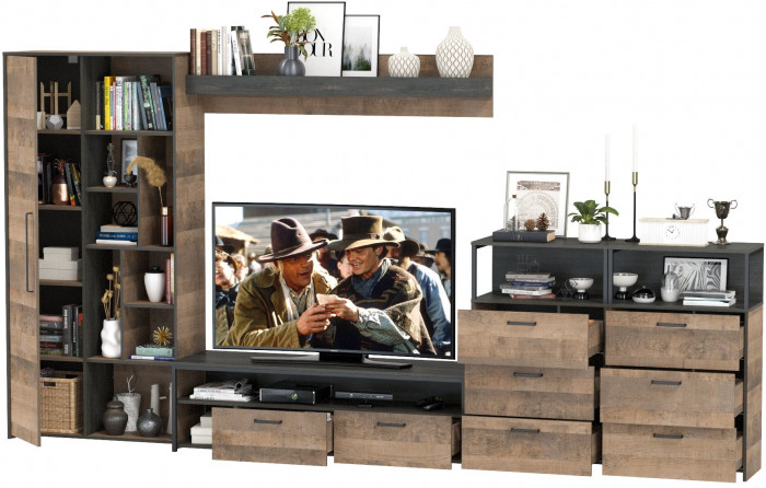 Трувор Гостиная 103, цвет дуб гранж песочный/интра, ШхГхВ 374,8х45,4х194,20 см., универсальная сборка