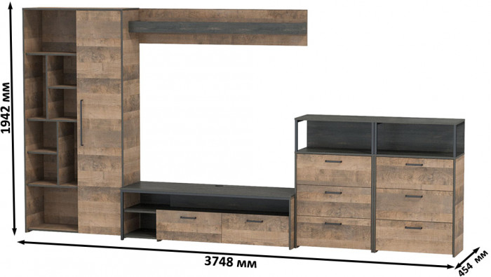 Трувор Гостиная 103, цвет дуб гранж песочный/интра, ШхГхВ 374,8х45,4х194,20 см., универсальная сборка