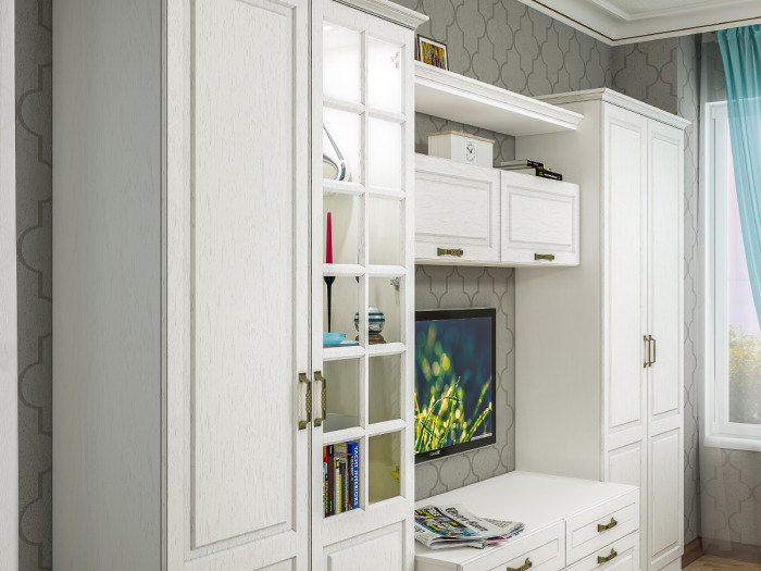 Ливерпуль Набор мебели 4, цвет ясень ваниль/белый, ШхГхВ 340х49,3х220,3 см.(без учёта карниза), ниша для тв 140х49х90 см., универсальная сборка