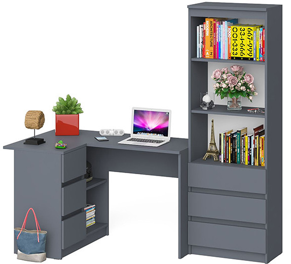 Мори компьютерный стол МС-16 левый + Стеллаж МСТ600.3, графит