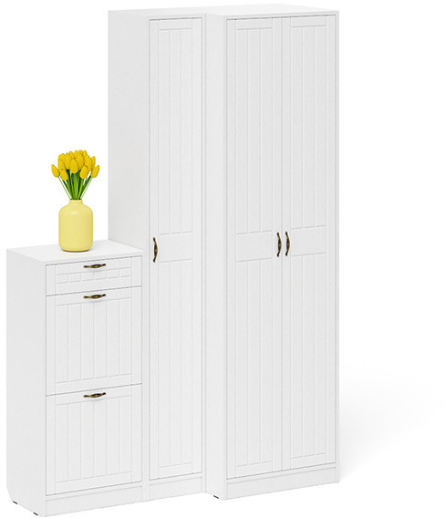 Прихожая П-6 Компоновка № 28, цвет белая шагрень/фасады МДФ белое дерево фрезеровка прованс, ШхГхВ 140х50х210 см., универсальная сборка