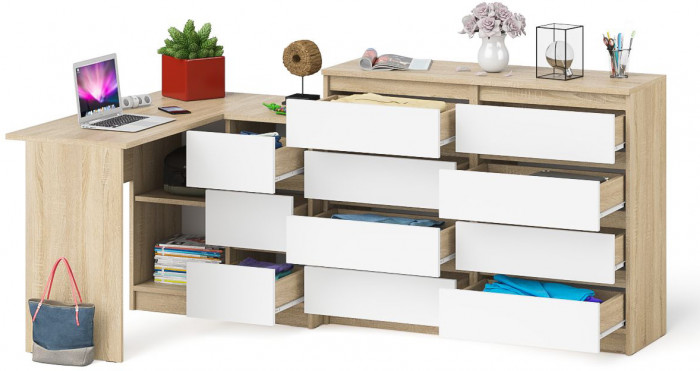 Мори Стол компьютерный МС-16 правый + Комод МК1200.8, цвет дуб сонома/белый, ШхГхВ 244,8х84,9х94 см., выдвижные ящики справа, НЕ универсальная сборка