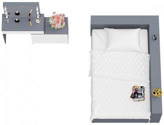 Ксения Кровать с ящиками 1200 + прикроватный блок + Столик с подсветкой 110, графит/белый