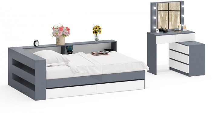 Ксения Кровать с ящиками 1200 + прикроватный блок + Столик с подсветкой 110, графит/белый
