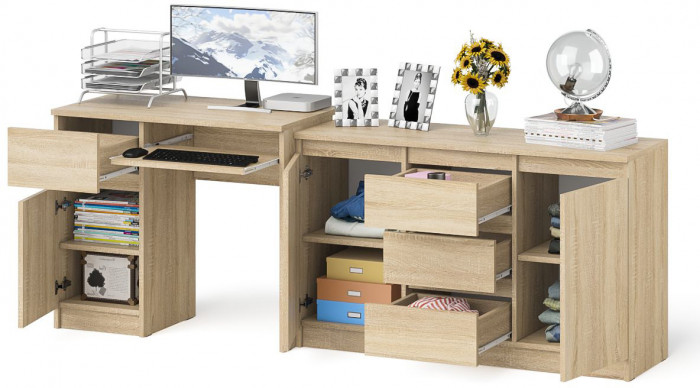 Мори компьютерный стол МС-1 левый + Комод МК1200.3, дуб сонома