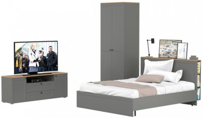 Остин 11.53 Кровать + ортопед + 13.336.02 Шкаф для одежды + 16.47 Тумба под ТВ, серый графит/дуб крафт золотой