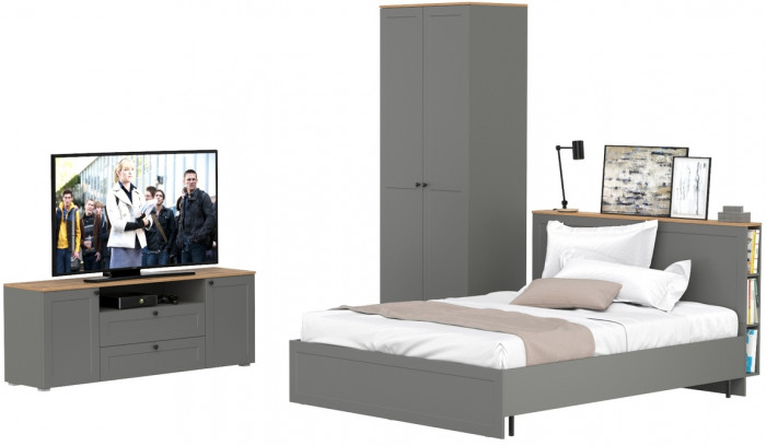 Остин 11.53 Кровать + ортопед + 13.336.02 Шкаф для одежды + 16.47 Тумба под ТВ, серый графит/дуб крафт золотой