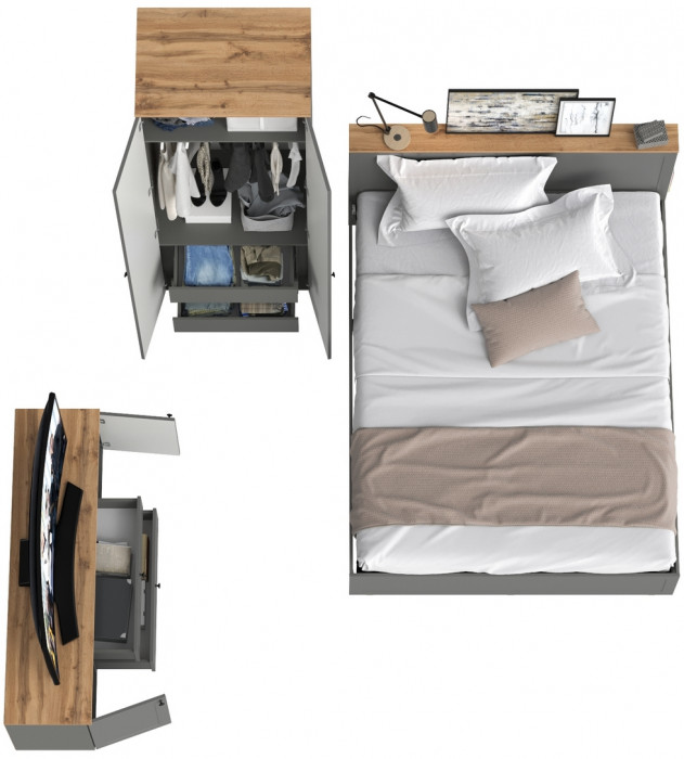 Остин 11.53 Кровать + ортопед + 13.336.02 Шкаф для одежды + 16.47 Тумба под ТВ, серый графит/дуб крафт золотой