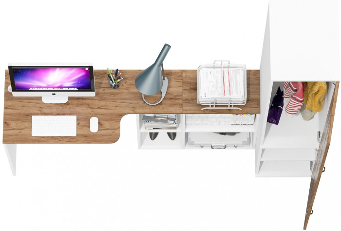 Лидер-8 Стол + Пенал МД 23Б, цвет белый шагрень/крафт золото, ШхГхВ 205х50/37,5х75/190 или 115х50/120х75/190 см., НЕ универсальная сборка