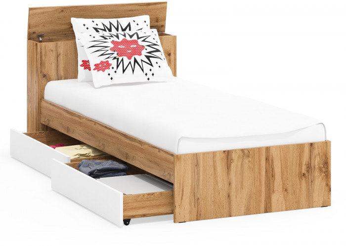 Ксения Кровать с ящиками 0900, дуб вотан/белый