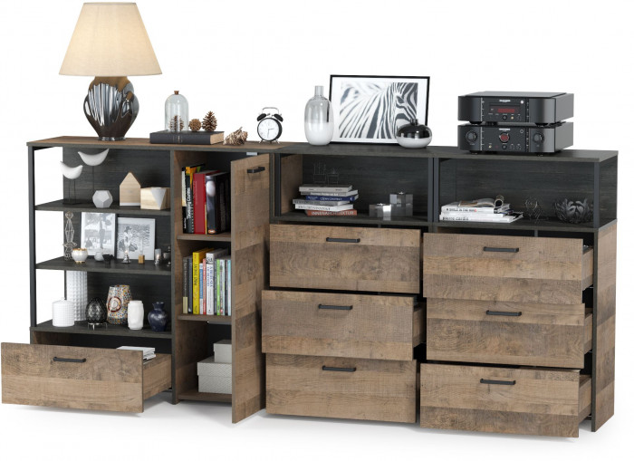 Трувор 13.307.01 Комод + 13.307.02 Комод с ящиками + 13.307.02 Комод с ящиками, цвет дуб гранж песочный/интра, ШхГхВ 241х37х106,9 см., ун. сб.