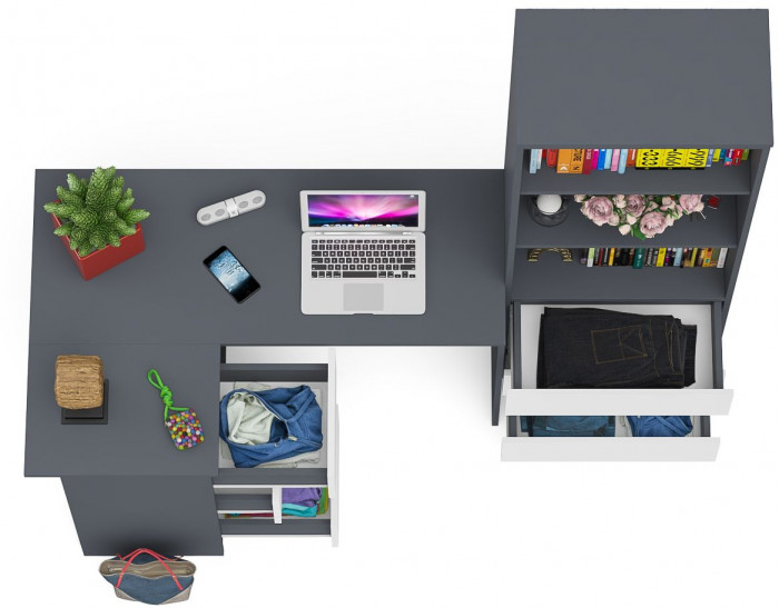 Мори компьютерный стол МС-16 левый + Стеллаж МСТ600.3, графит/белый