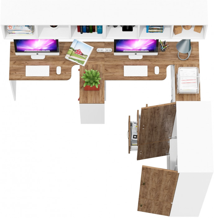 Лидер-8 Стол + Полка + Стол + Полка + Шкаф МД 20Б + Тумба МД 3.16, цвет белый шагрень/крафт золото, 450х50х75/190 или 230х200/50х75/190, НЕ ун. сб.