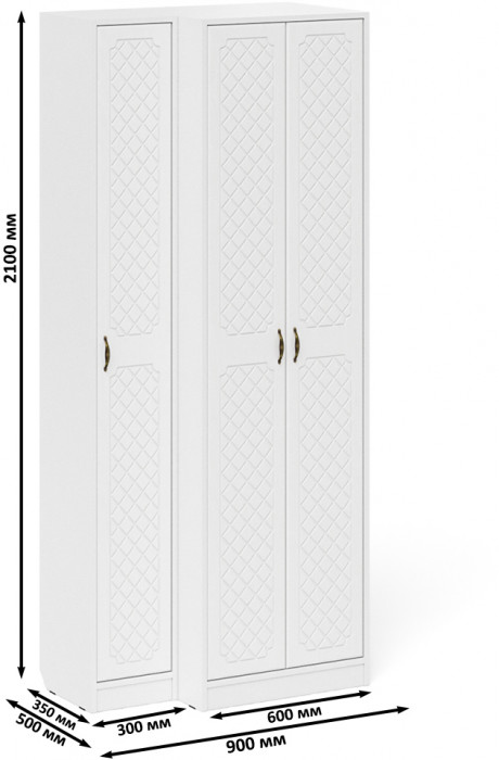 Прихожая П-6 Шкаф + Пенал, цвет белая шагрень/фасады МДФ белое дерево фрезеровка ромб, ШхГхВ 90х50х210 см., универсальная сборка