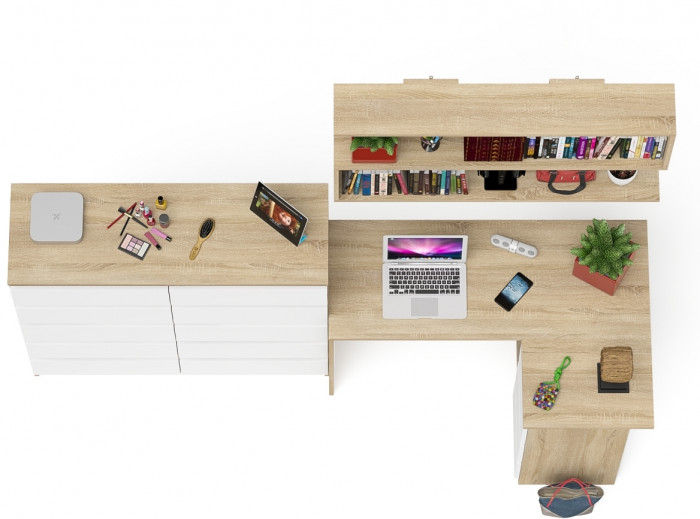 Мори компьютерный стол МС-16 правый + Комод МК1200.10 + Полка 1200, дуб сонома/белый