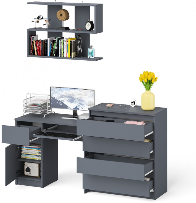 Мори компьютерный стол МС-1 левый + Комод МК800.4 + Полка 900, графит