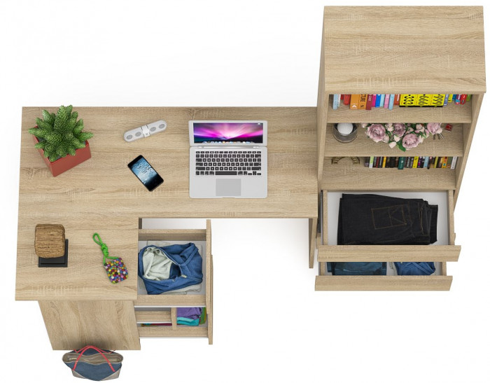 Мори компьютерный стол МС-16 левый + Стеллаж МСТ600.3, дуб сонома