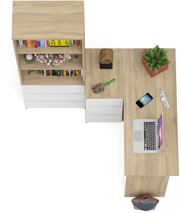 Мори компьютерный стол МС-16 левый + Стеллаж МСТ600.3, дуб сонома/белый