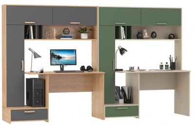 Два Стола письменных Лайт 03.243Н, цвет гикори рокфорд натуральный/тёмно-серый/сатин/дымчатый зелёный, ШхГхВ 300,4х57,3х179,9 см., НЕ универс. сборка