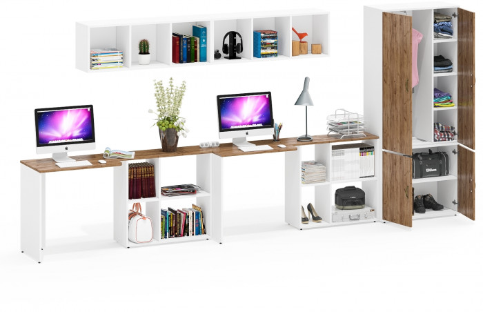 Лидер-8 Стол + Полка + Стол + Полка + Шкаф МД 20Б, цвет белый шагрень/крафт золото, ШхГхВ 410х50/37,5х75/190 или 230х160/50х75/190 см., НЕ ун. сборка