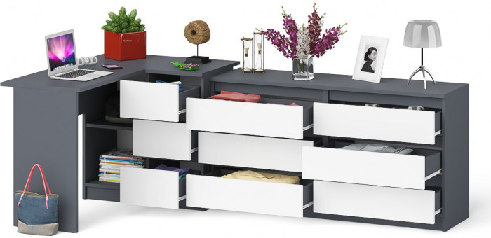 Мори Стол компьютерный МС-16 правый + Комод МК1380.6, цвет графит/белый, ШхГхВ 262,4х84,9х76,6 см., выдвижные ящики справа, НЕ универсальная сборка