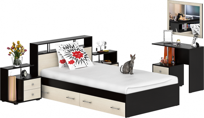 Камелия спальня № 13 Кровать с ящиками 1200 + Две тумбы + Стол косметич. + Зеркало, венге/дуб лоредо