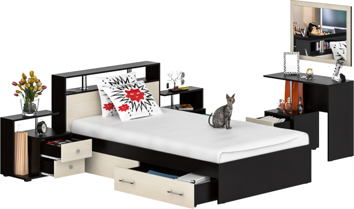 Камелия спальня № 13 Кровать с ящиками 1200 + Две тумбы + Стол косметич. + Зеркало, венге/дуб лоредо