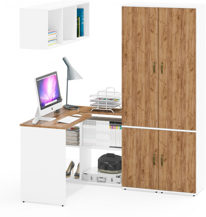 Лидер-8 Стол + Полка + Пенал МД 22Б + Пенал МД 22Б, цвет белый шагрень/крафт золото, ШхГхВ 245х50/37,5х75/190 или 115х160/50х75/190 см., НЕ ун. сб.