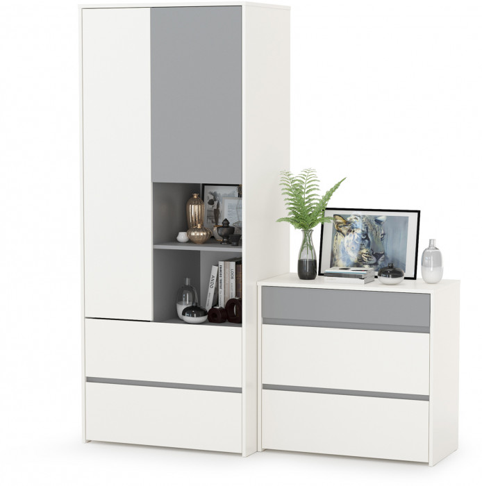 Торонто 13.333 Шкаф для одежды + 13.321 Комод, цвет белый шагрень/стальной серый, ШхГхВ 160х53х195,7 см., универсальная сборка