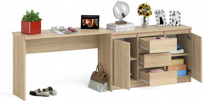 Мори Стол письменный МСП1200.1 + Комод МК1200.3, цвет дуб сонома, ШхГхВ 240,8х50х76,6 см., универсальная сборка
