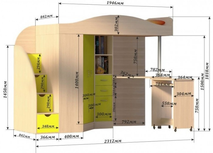 Кровать-чердак Юниор 4 (Дуб молочный/Белое дерево)