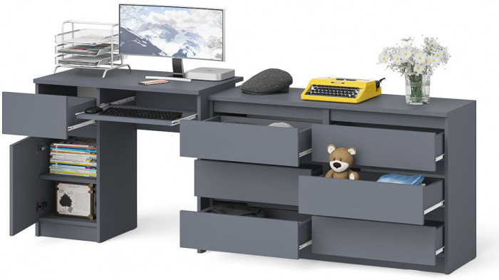 Мори Стол компьютерный МС-1 левый + Комод МК1200.6, цвет графит, ШхГхВ 210,4х50х76,6 см., выдвижной ящик слева, НЕ универсальная сборка