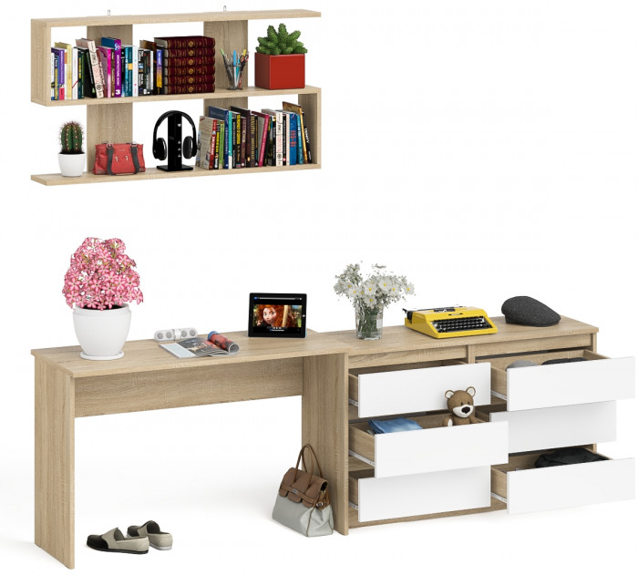Мори Стол письменный МСП1200.1 + Комод МК1200.6 + Полка 1200, цвет дуб сонома/белый, ШхГхВ 240,8х50х209,6 см., универсальная сборка