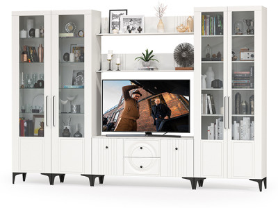 Валенсия Гостиная № 069, цвет ЛДСП белый шагрень/МДФ белый шагрень, ШхГхВ 327,2х38,3х225,2 см., ниша для ТВ 133х38х117 см., универсальная сборка