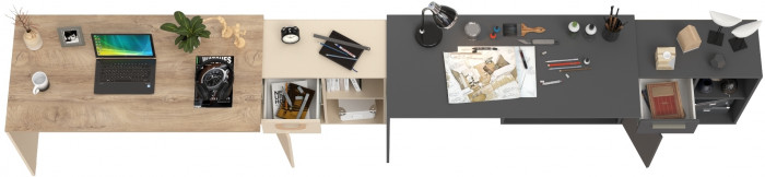 Два Стола письменных Лайт 03.245, цвет сатин/дуб эндгрейн элегантный/тёмно-серый, ШхГхВ 342,9х136х75,2 см.(угл.) или 407,2х68х75,2 см.(пр.), ун. сб.