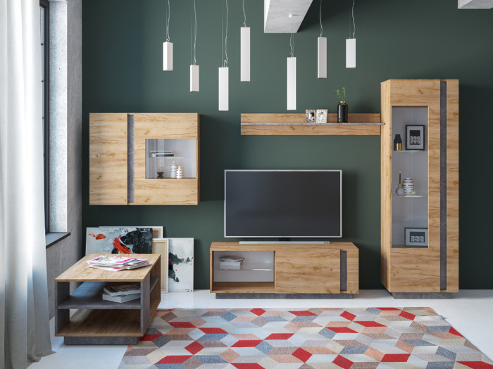 КР100 ??? Арчи Тумба 10.85, цвет дуб крафт золотой/камень тёмный, ШхГхВ 130х41,3х46,1 см., подсветка за стеклом по торцу полки, универсальная сборка