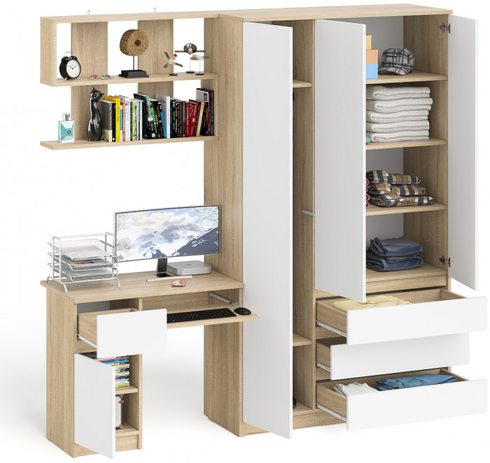 Мори Стол компьютерный МС-1 левый + Шкаф МШ1200.1 + Полка 900, цвет дуб сонома/белый, ШхГхВ 210,4х50,4х209,6 см., НЕ универсальная сборка