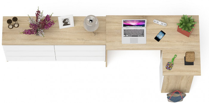 Мори Стол компьютерный МС-16 правый + Комод МК1380.6, цвет дуб сонома/белый, ШхГхВ 262,4х84,9х76,6 см., выдвижные ящики справа, НЕ универс. сборка