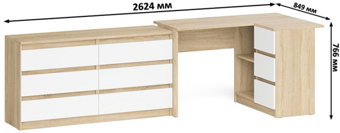 Мори Стол компьютерный МС-16 правый + Комод МК1380.6, цвет дуб сонома/белый, ШхГхВ 262,4х84,9х76,6 см., выдвижные ящики справа, НЕ универс. сборка