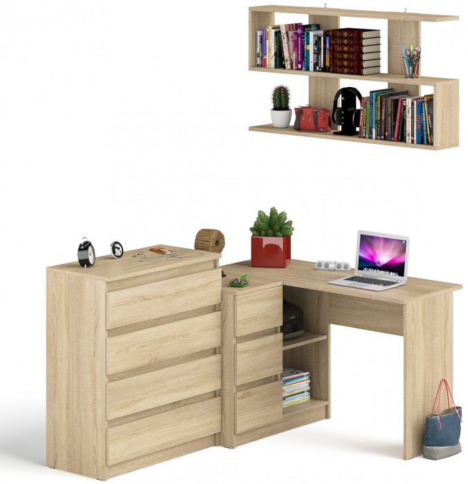 Мори компьютерный стол МС-16 левый + Комод МК800.4 + Полка 1200, дуб сонома