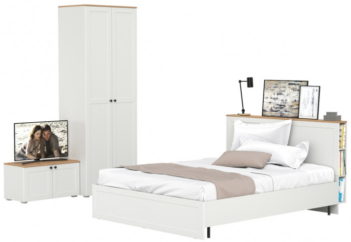 Остин 11.53 Кровать + ортопед + 13.224 Шкаф + 13.257 Тумба, белый шагрень/дуб крафт золотой