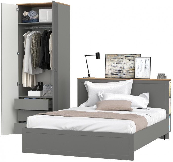 Остин 11.53 Кровать + ортопед + 13.336.02 Шкаф для одежды, серый графит/дуб крафт золотой