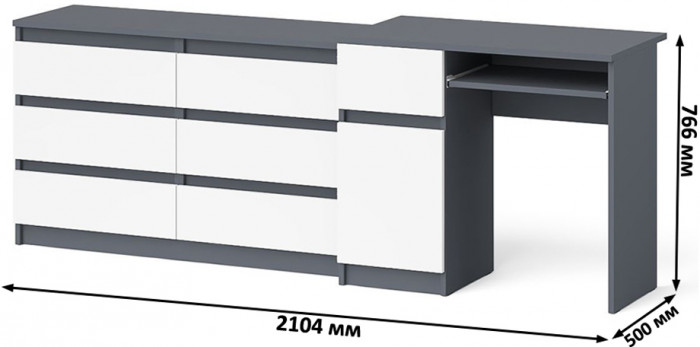 Мори Стол компьютерный МС-1 левый + Комод МК1200.6, цвет графит/белый, ШхГхВ 210,4х50х76,6 см., выдвижной ящик слева, НЕ универсальная сборка