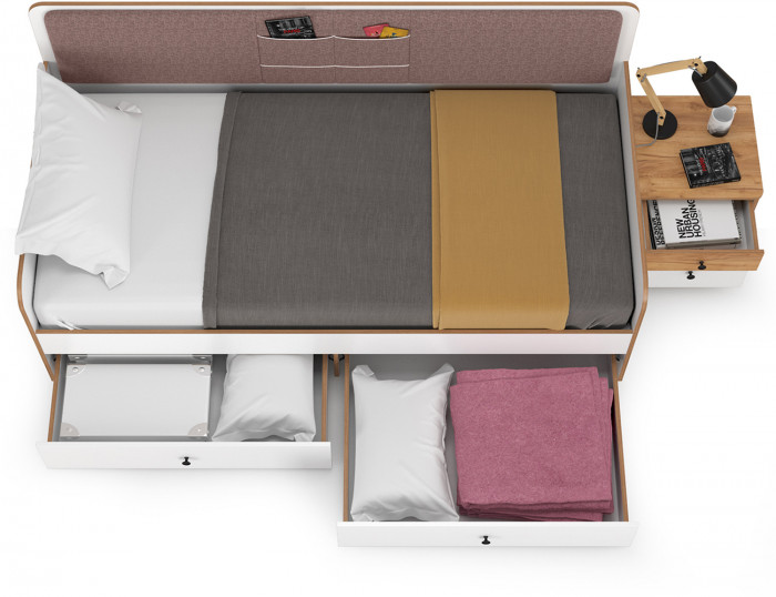 Вуди 11.02 Кровать + Тумба 13.287, цвет белый премиум/дуб крафт золотой/саванна латте, ШхГхВ 254,2х94,4х96,5 см, 900х2000 мм, б/м, осн. есть