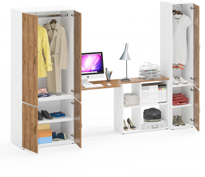 Лидер-8 Шкаф МД 19Б + Стол + Пенал 21Б, белый шагрень/крафт золото