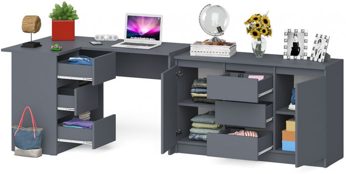Мори компьютерный стол МС-16 левый + Комод МК1200.3, графит