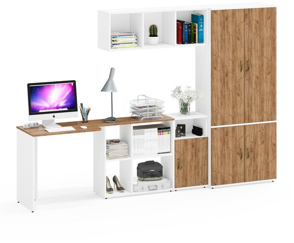 Лидер-8 Стол + Полка + Тумба МД 3.19 + Шкаф МД 20Б, цвет белый шагрень/крафт золото, ШхГхВ 285х50/37,5х75/190 или 115х200/50х75/190 см., НЕ ун. сб.