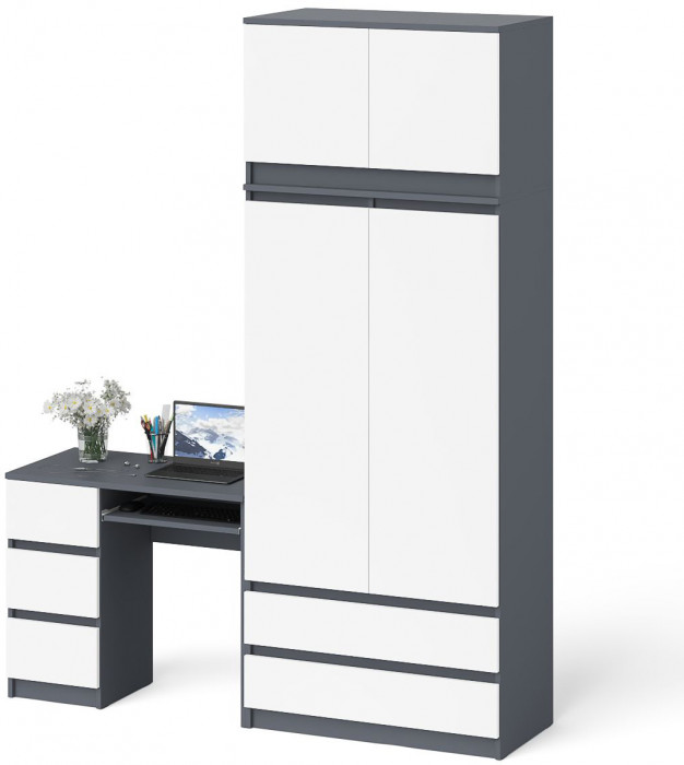 Мори компьютерный стол МС-6 левый + Шкаф МШ900.1 + Антресоль МА900.1, графит/белый