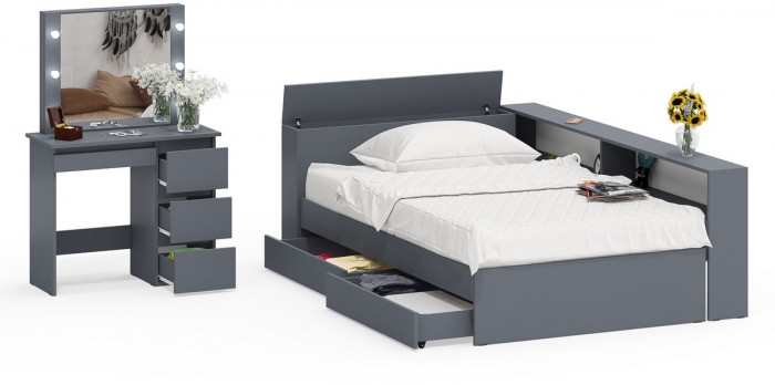 Ксения Кровать с ящиками 1200 + прикроватный блок + Столик с подсветкой Сура, графит