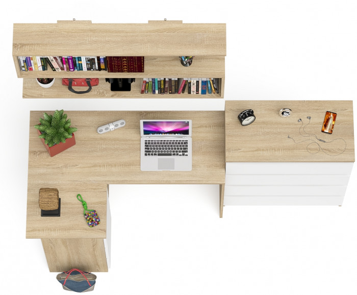 Мори компьютерный стол МС-16 левый + Комод МК800.4 + Полка 1200, дуб сонома/белый